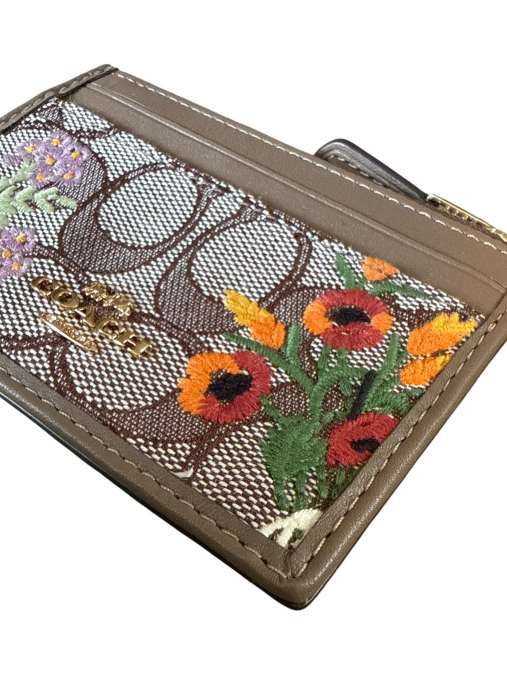 Coach Mini Skinny ID Case Signature Jacquard Leather Card Holder Zip Wallet - Picture 2 of 6